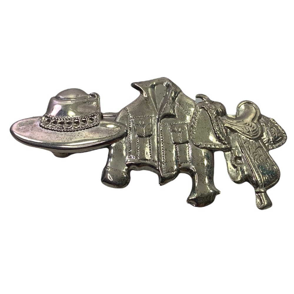 Vtg Western Hair Clip‎ Barrette Cowboy Hat Saddle Silvertone Metal Cowgirl Korea